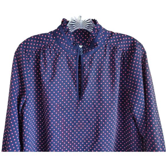 J CREW Women 6 Blouse Top Navy Chiffon Blue & Pink Polka Dots Front Keyhole 38" - Picture 2 of 8